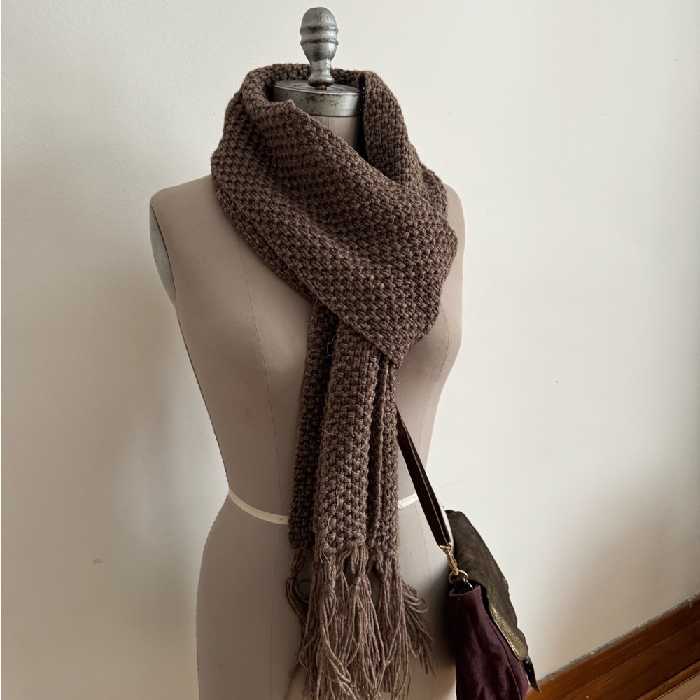Chunky Brown Knit Scarf with Fringe